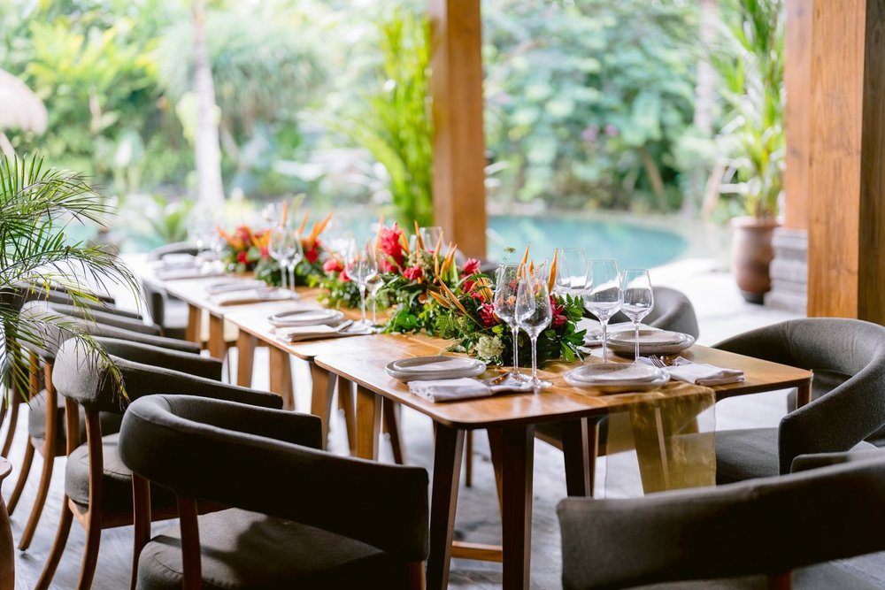 Wedding dinner served in the tropical gardens